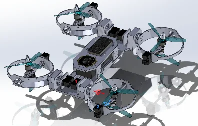 CAD render of MorphEUS, a quadrotor with four ducted coaxial rotor pods mounted on tilting arms
