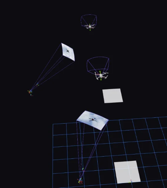 Simulator view of several drones with their camera frustums over a ground grid